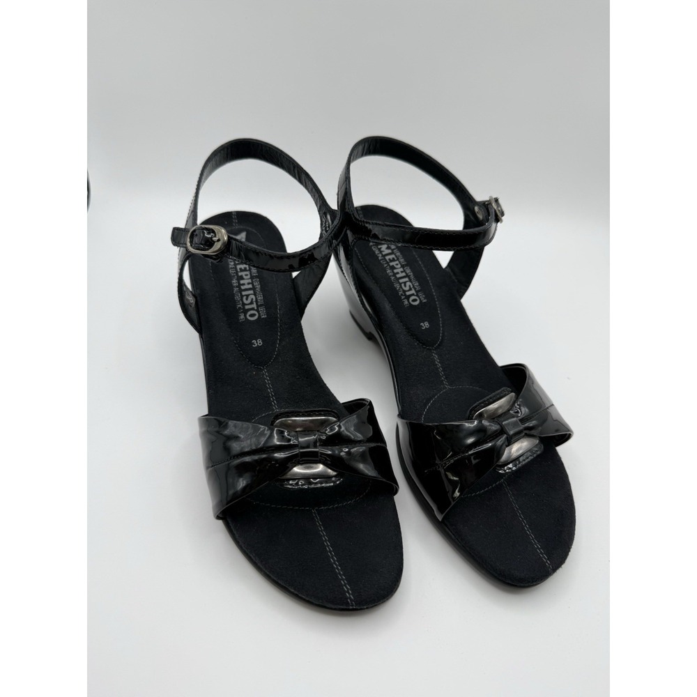 Mephisto Black Patent Leather Bow Wedge Slingback Sandals Women EU 38 US 7.5-8